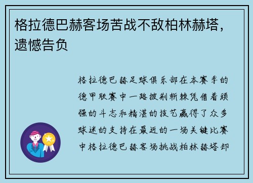 格拉德巴赫客场苦战不敌柏林赫塔，遗憾告负